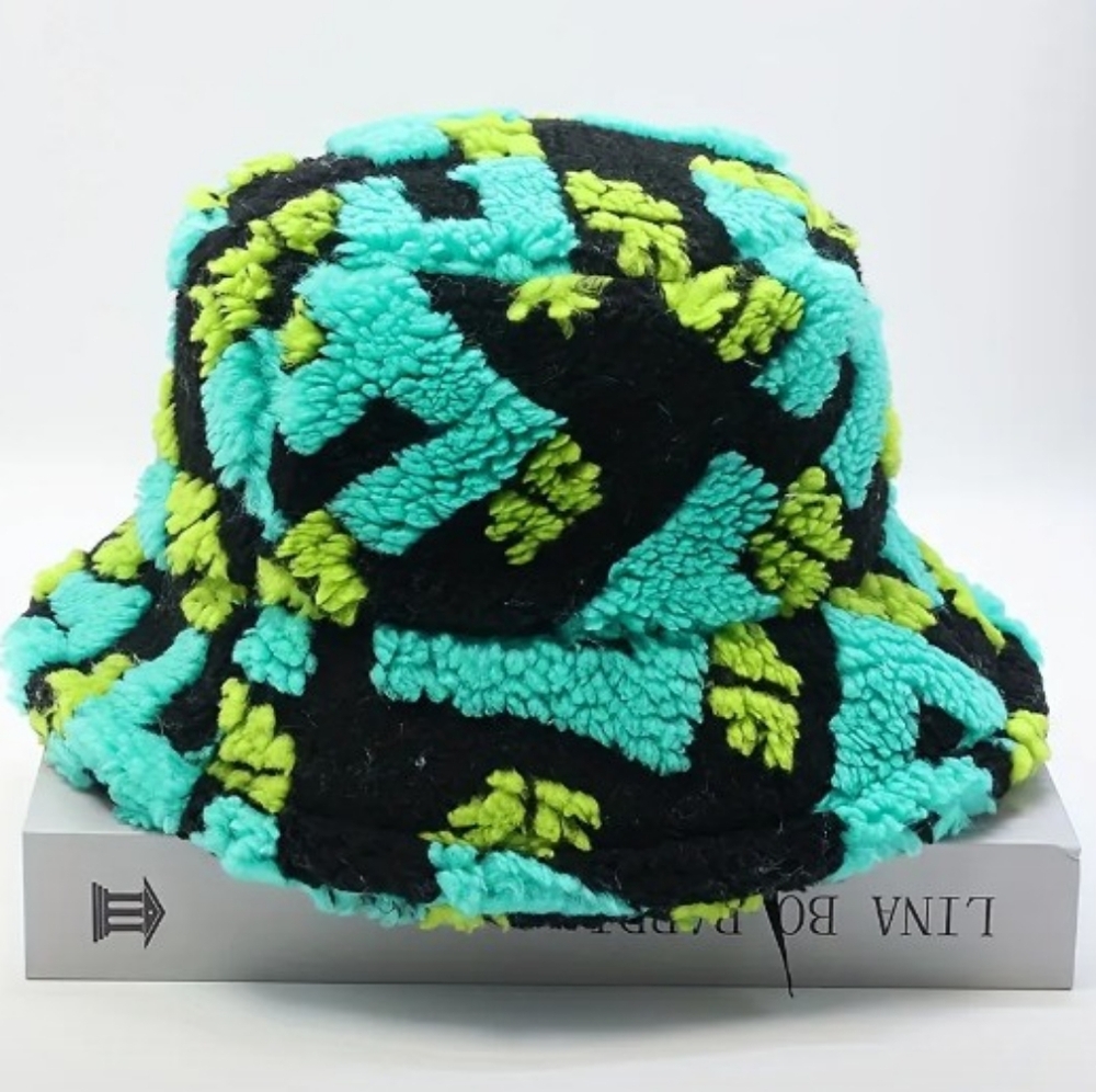 Letter Print Fuzzy Bucket Hat Color Block Plush Hat